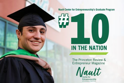 Student in graduation cap next to ranking announcement typography.