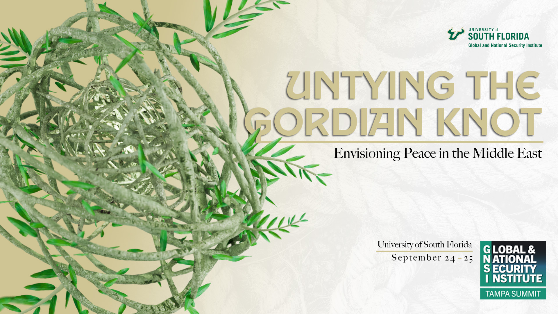 GNSI Tampa Summit 4 Artwork, with overlaid text of "Untying the Gordian Knot: Envisioning Peace in the Middle East" September 24-25, 2024