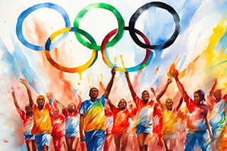 Artist's rendering of Olympic athletes in brightly colored uniforms raising their arms in solidarity with the Olympic rings in the background