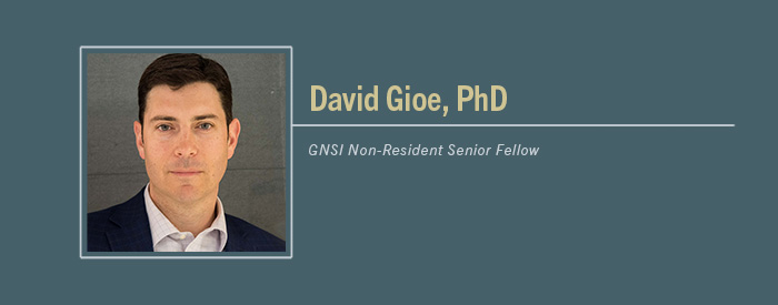 David Gioe, PhD, headshot with text description "GNSI Non-Resident Senior Fellow"