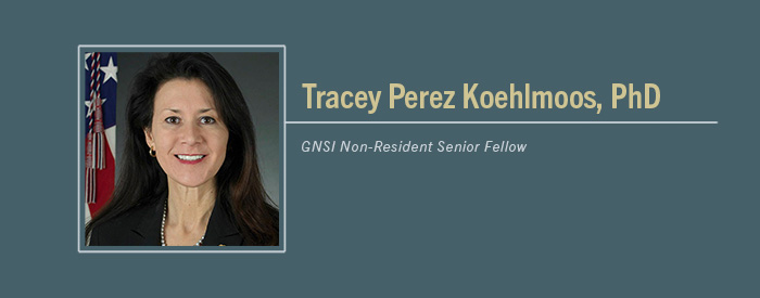 Tracey Perez Koehlmoos, PhD headshot with Text “GNSI Senior Non-Resident Fellow”