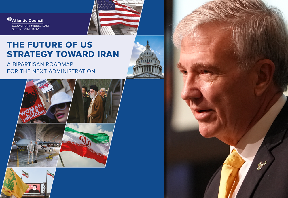 The cover of an Atlantic Council report, titled "The Future of U.S. Strategy Toward Iran," alongside a photo of GNSI Executive Director, retired Marine Corps general Frank McKenzie.