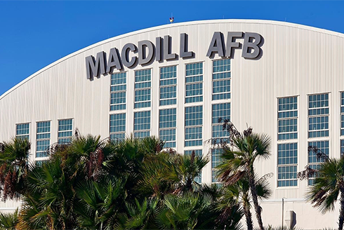 Building at MacDill Air Force Base with the base's name shown.