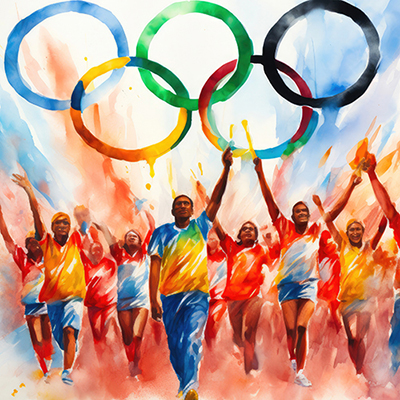 Artistic rendering of Olympic athletes with arms raised in solidarity with the Olympic rings in the background