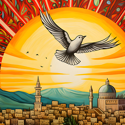 Artist rendering of a peace dover flying above Jerusalem