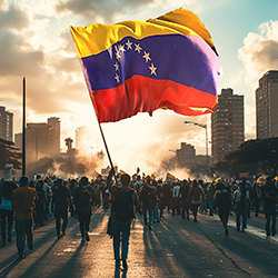 Artist rendering of protesters in Caraccas holding the Venezuelan flag