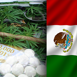 Drugs, cash and weapons pictured with a portion of the Mexican flag