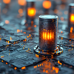 Glowing lithium batteries on a series of circuit boards