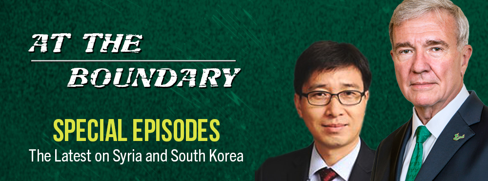 Images of GNSI Executive Director, retired Marine Corps General Frank McKenzie and USF Professor Dr. Jongseok Woo promoting special episodes of At the Boundary podcast