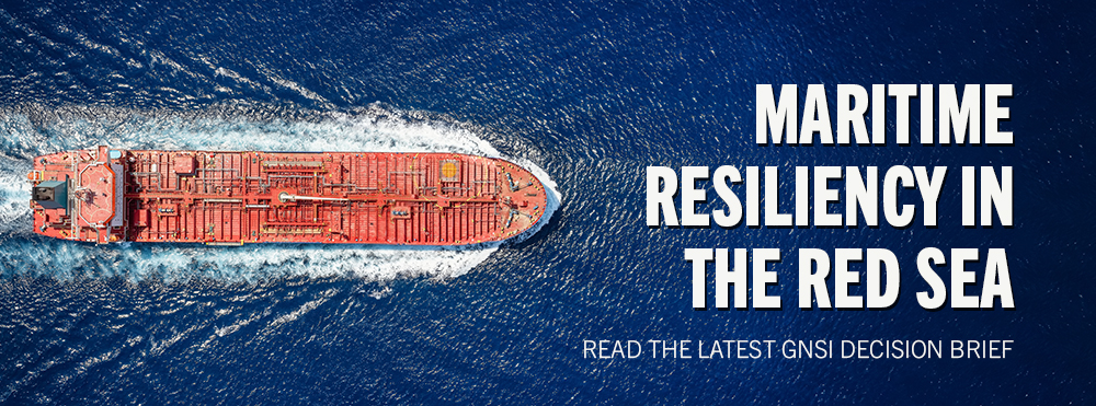 Aerial view of oil tanker traveling in blue ocean. waters with overlaid text of "Maritime Resiliency in the Red Sea. Read the latest GNSI Decision Brief"