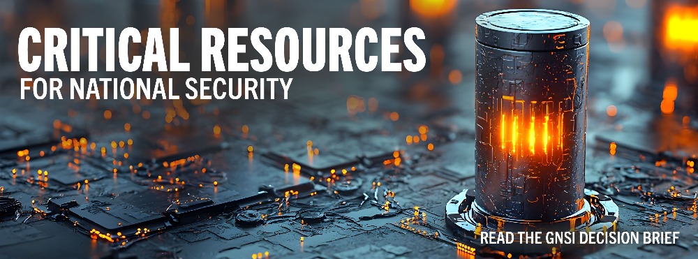 View of lithium batteries on a computer circuit board with overlaid text of: "Critical Resources for National Security"