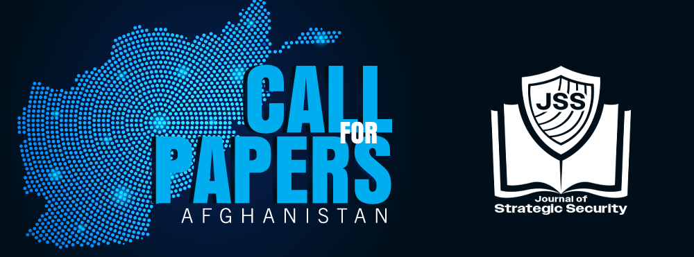 Abstract map of Afghanistan with the logo for the GNSI Journal of Strategic Security with overlaid text of "Call for Papers Afghanistan"