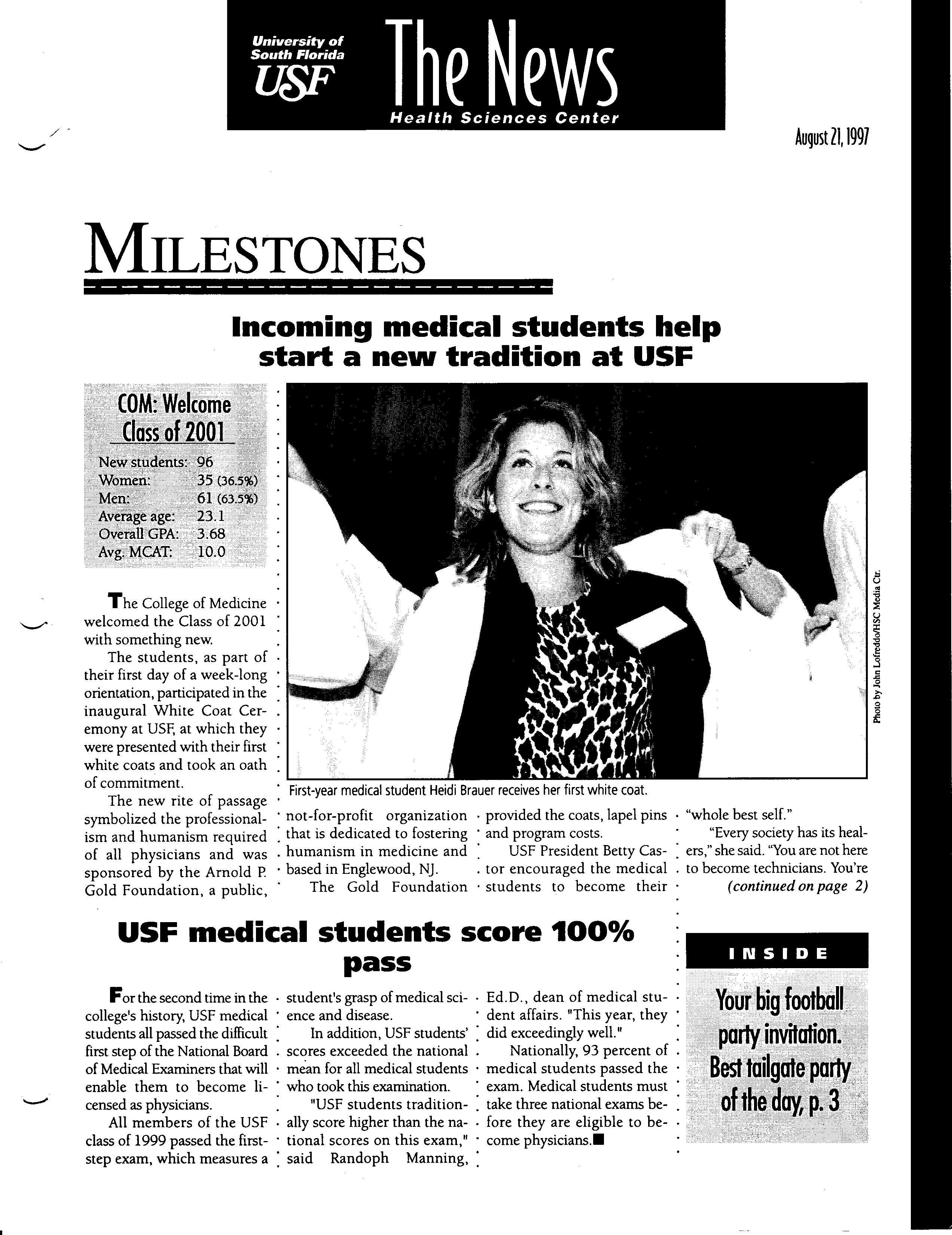 Newsletter from 1997 of the Morsani College of Medicine's first white coat ceremony.