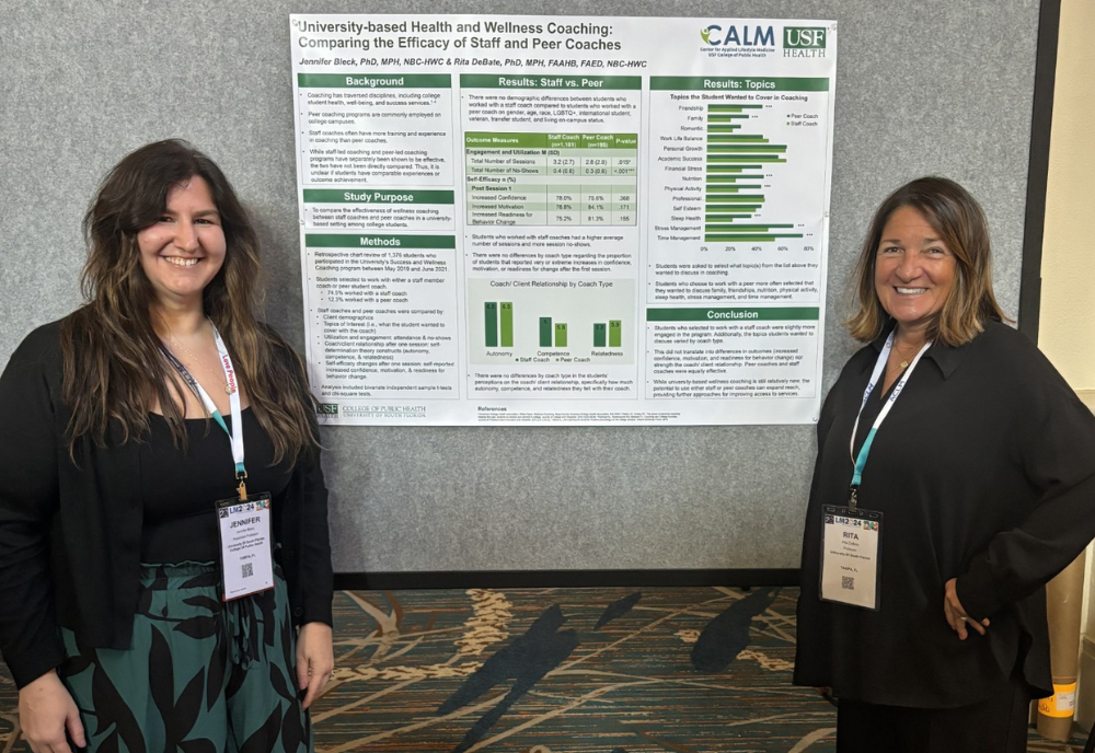 two women in front of poster