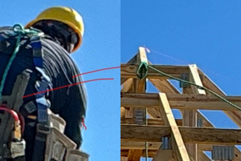 An employee was seen working on a residential roof truss over 6 feet high without proper fall protection. He had tied a rope to the D-ring on his harness and secured the other end to a roof truss.