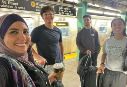 Professor Benchekroun and the USF Team take a selfie in the NYC subway station