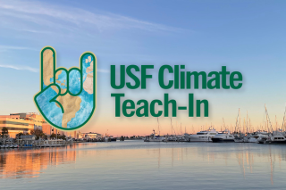 Image linking to the USF Climate Teach-In event webpage, featuring a scenic marina with multiple docked boats and the USF Climate Teach-In graphic.