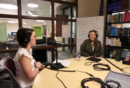 Kaylee Eckelman and Honors Student Caroline Merriman talk during the podcast