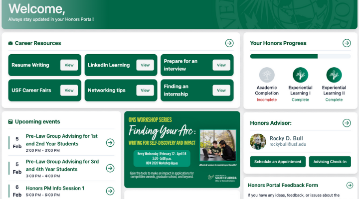 Image of the Honors Portal home page in the student view.