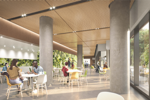 digitally rendered image of the cafe area of the upcoming new Judy Genshaft Honors College building