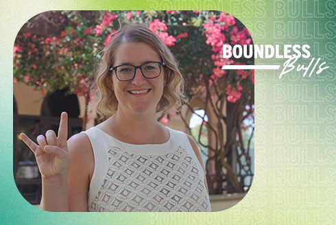 USF Boundless Bulls graphic featuring Judy Genshaft Honors College Assistant Dean Cayla Lanier