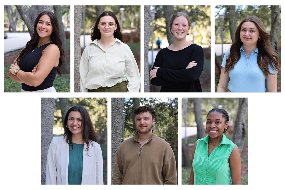 Collage featuring headshots of seven graduate assistants outside of the Judy Genshaft Honors College