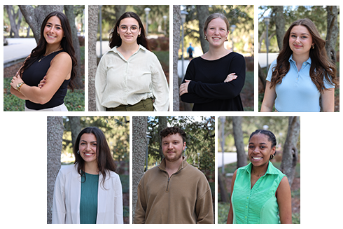 Collage featuring headshots of seven graduate assistants outside of the Judy Genshaft Honors College