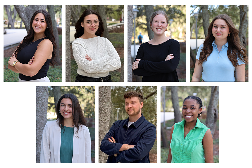 Collage featuring headshots of seven graduate assistants outside of the Judy Genshaft Honors College