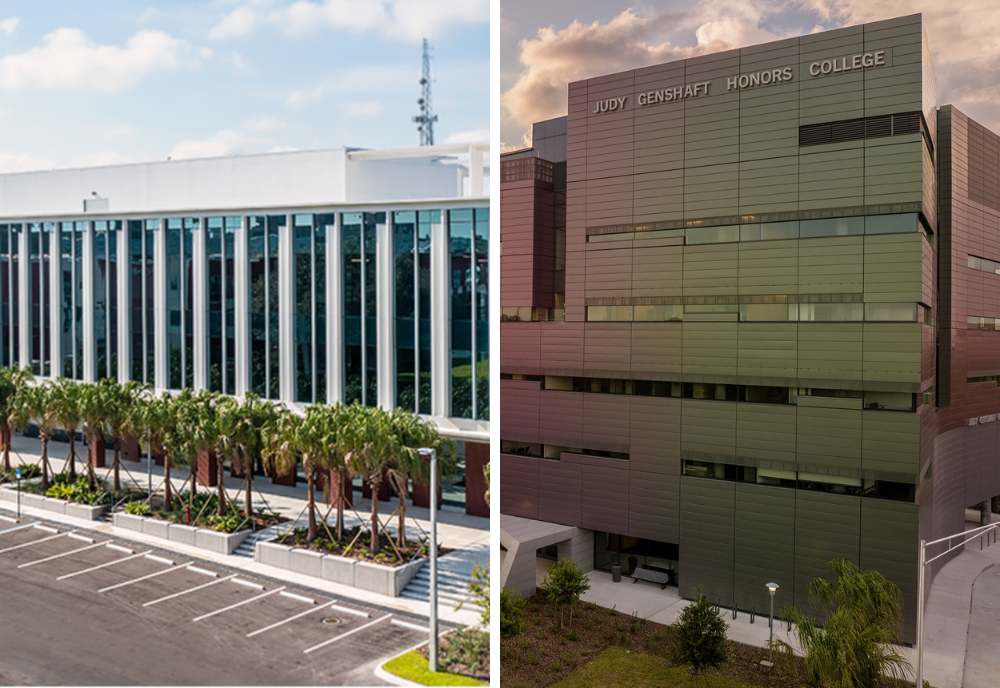 Two-panel image of the Judy Genshaft Honors College and USF Research Park building.