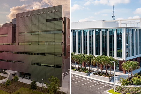 Two-panel image of the Judy Genshaft Honors College and USF Research Park building.