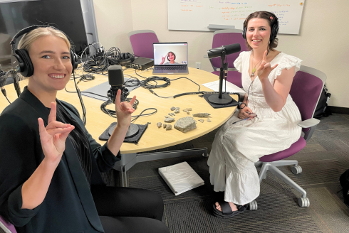 Honors student Isabel Delgado Frontera appears on a laptop screen while Dr. Lydia Wassink and Honor Roll Podcast host Caroline Merrimen sit at a table with recording equipment