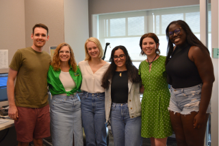 Judy Genshaft Honors College alums Dr. Ife Bolujo, Dr. Trent Lippert, Dr. Karina Bowers, and Dr. Sabrina Awshah join Caroline Merriman and Dr. Lindy Davidson in the Honors recording studio