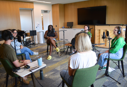 University of South Florida alumni Dr. Ife Bolujo, Dr. Trent Lippert, Dr. Karina Bowers, and Dr. Sarah Awshah record an episode of the Honor Roll Podcast