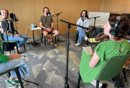 University of South Florida alumni Dr. Ife Bolujo, Dr. Trent Lippert, Dr. Karina Bowers, and Dr. Sarah Awshah record an episode of the Honor Roll Podcast