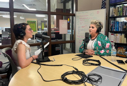 USF alum Maria Gerber records an episode of the Honor Roll Podcast with host Caroline Merriman at the USF Sarasota-Manatee campus.