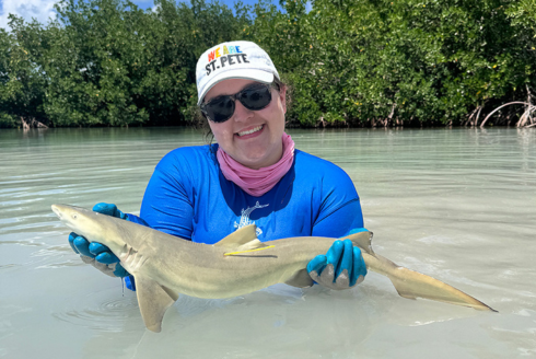 Reni Hymel holds a lemon shark while doing field work in the Gulf of Mexico.