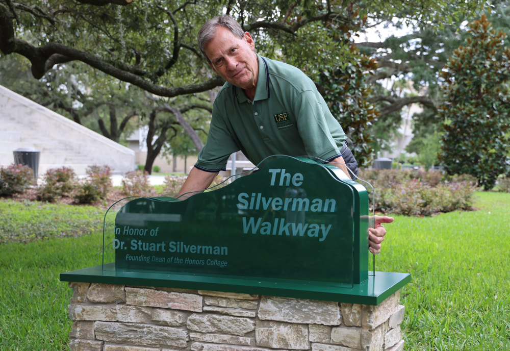 Founding Judy Genshaft Honors College Dean Stuart Silverman at the unveiling of the Silverman Walkway. 