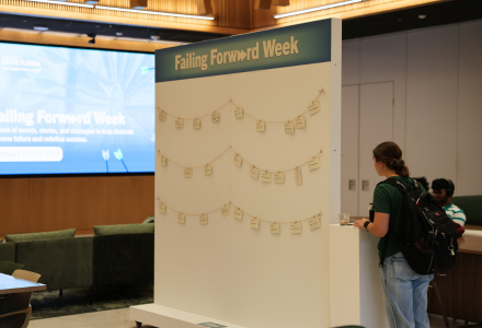 Honors students share their failing forward growth stories at an installation in the Zimmerman Family Foundation Atrium.