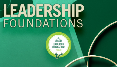 leadership foundations green shapes and picture of badge