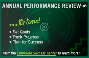 Annual Performance Review: It's time. Set goals, track progress, plan for success. Images of flying clock, plan sheet, bullseye and ruler against dark green background.