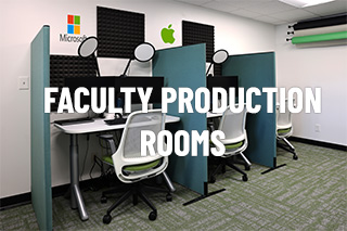 a room of computers and monitors with the word faculty production rooms on top of image