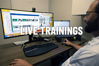 a man sits at a computer talking with people in a meeting with the words live trainings on top of image