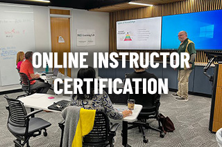 a man stands in front of a room of people learning with the words online instructor certification on top of image