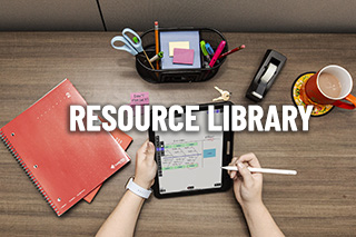 an overhead shot of a desk with someone using an ipad with the words resource library on top of image