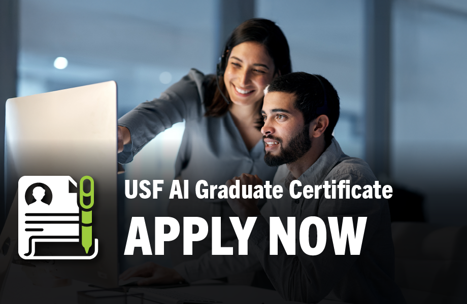 a man and woman sit at a computer while the woman points to something on the screen. The words Apply Now in big bold lettering