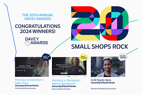 an info graphic showing 3 screenshots from the 3 award winning videos with the words Congratulations 2024 Davy Winners!