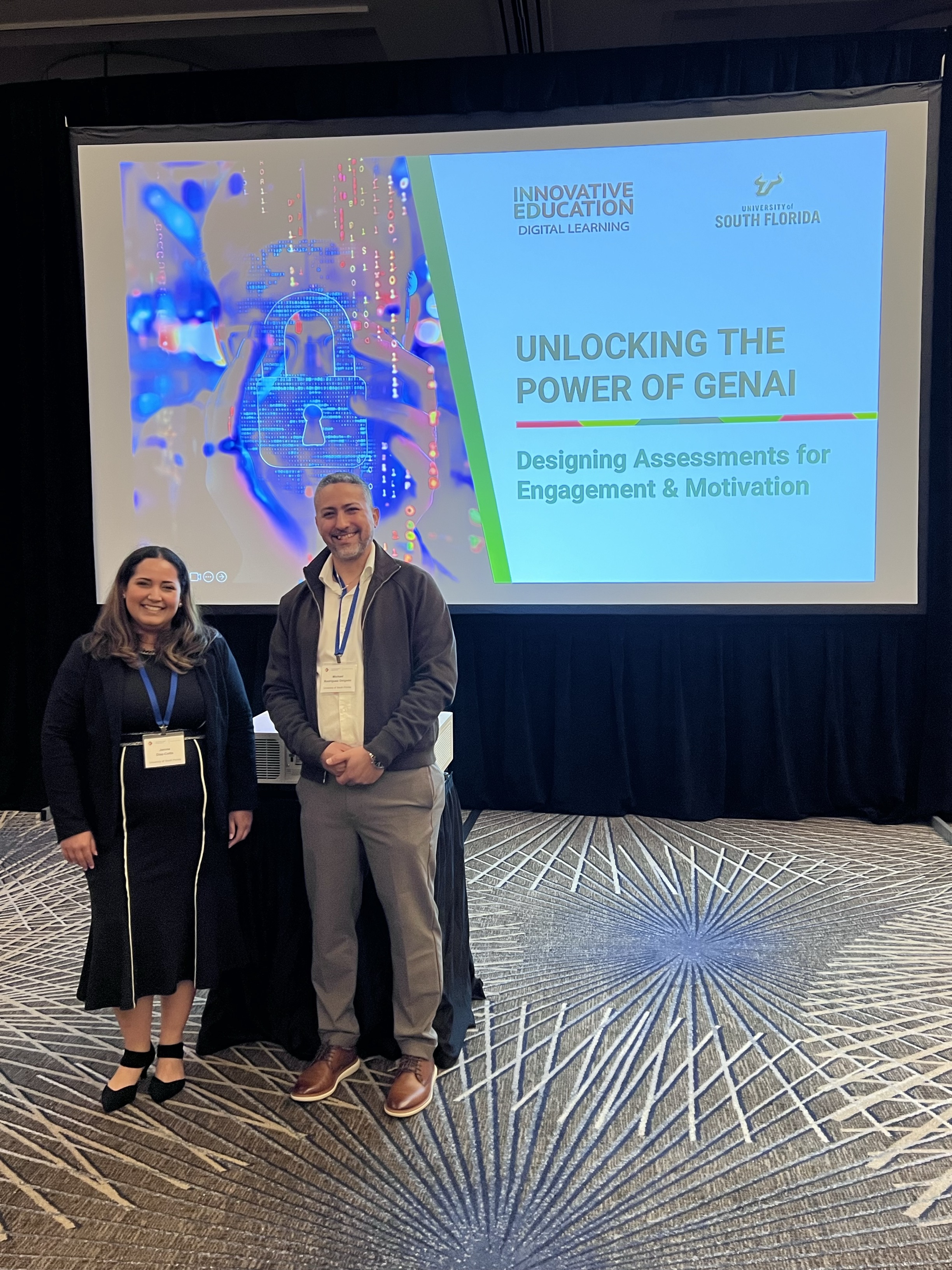 Janine Diaz-Cotto and Michael Rodriguez Delgado standing in front of their presentation "Unlocking the Power of GenAI"