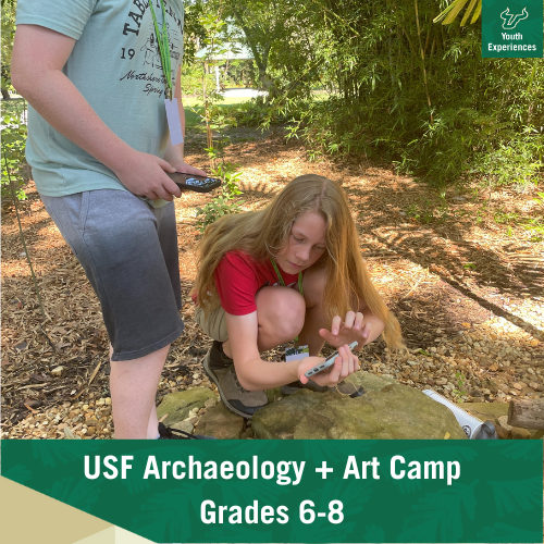 USF Archaeology + Art Camp with text stating "USF Archaeology + Art Camp Grades 6-8"