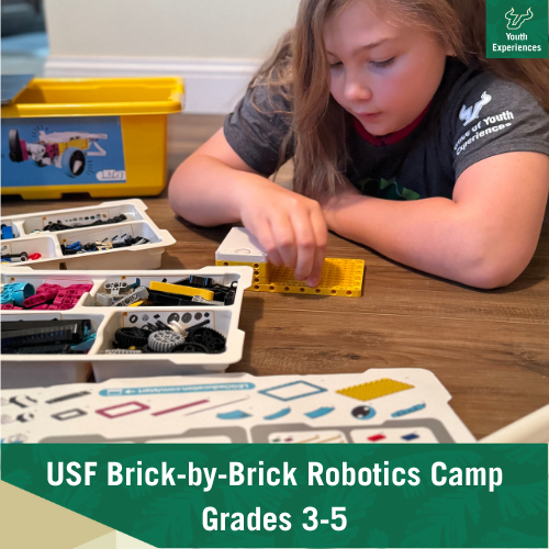 USF Brick-by-Brick Robotics Camp with text stating "USF Brick-by-Brick Robotics Camp Grades 3-5"