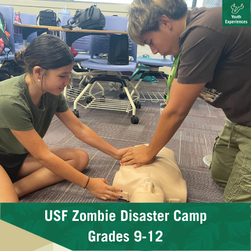 USF Zombie Disaster Camp with text stating "USF Zombie Disaster Camp Grades 9-12"